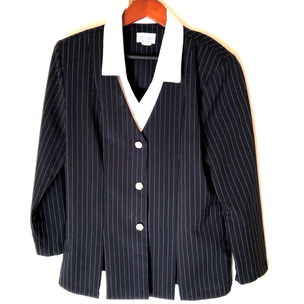Dress Savvy Womens Suit Jacket Blazer Blue Pinstripe 3 Button Long Sleeve USA 10